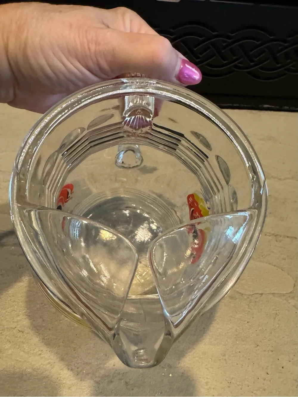 Vintage Clear Glass Pitcher with Bright Roosters - Great Design !